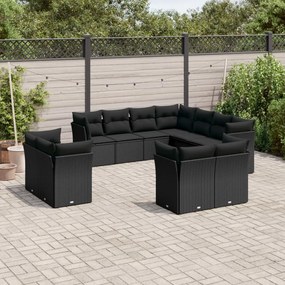 Set divani da giardino 11 pz con cuscini in polyrattan nero