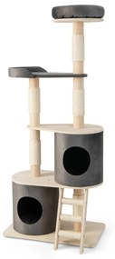 Costway Albero tiragraffi per gatti con 2 cucce accoglienti trespolo in tessuto felpato, Giochi per gatti Grigio