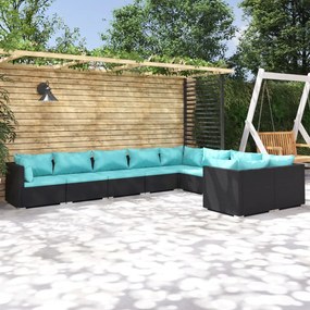 Set Divani da Giardino 9 pz con Cuscini in Polyrattan Nero