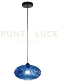 Sospensione 1 luce in vetro rigato azzurro struttura ferro nero d.28