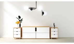 Lampadario 4 Luci Rama In Acciaio Nero A Bracci Curvi E Sfere In Vetro Opalino