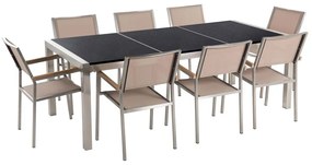 Set di tavolo e 8 sedie da giardino in acciaio basalto e fibra tessile beige nero lucido 220 cm GROSSETO Beliani