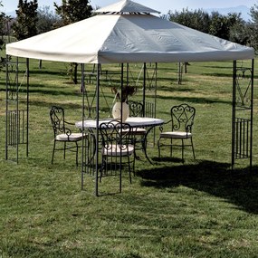 Gazebo da Giardino 3x3 Telo Poliestere 220 g/mq Ecrù, Struttura in Acciaio Verniciato, Doppio Tetto con Pannelli Laterali Decorati