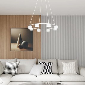 Lampadario Moderno 8 Luci Starlit In Acciaio Bianco Ad Anello E Cilindri