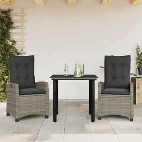 Set da Pranzo da Giardino 3 pz con Cuscini in Polyrattan Grigio