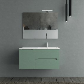 Mobile Bagno Sospeso Cannettato 100 Cm Due Cassetti Un'Anta Lavabo a Dx Specchio Con Lampada Led 70x100 Cm AdattoCasa "Rigo" Verde Salvia/Bianco Lucido