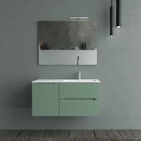 Mobile Bagno Sospeso Cannettato 100 Cm Due Cassetti Un'Anta Lavabo a Dx Specchio Con Lampada Led 70x100 Cm AdattoCasa "Rigo" Verde Salvia/Bianco Lucido