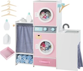 Costway Set gioco lavanderia in legno per bambini con lavatrice giocattolo e ferro da stiro, Accessori per giochi di ruolo con grucce e cassetto in tessuto