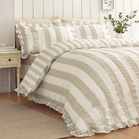 Set copripiumino e federa beige per letto matrimoniale 3 pezzi 200x200 cm Seersucker Frill Stripe – Catherine Lansfield