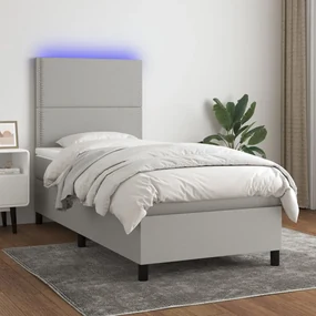 Letto a molle materasso e led grigio chiaro 100x200 cm tessuto