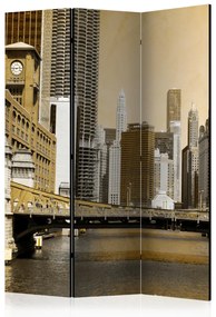 Paravento design Ponti di Chicago (effetto vintage) (3-parti) - fiume tra grattacieli