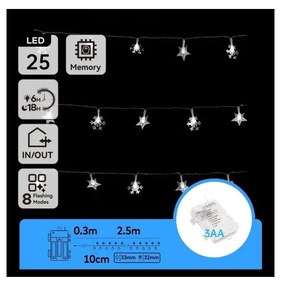 Aigostar - Catena luminosa natalizia LED per esterni 25 LED/8 funzioni 3xAA 2,5 m IP44 bianco freddo