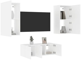 Mobili Tv A Muro Con Led 4pz Bianchi İn Legno Multistrato /