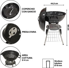 Barbecue a Carbone Carbonella 50x44,5x69 cm con Coperchio e Ruote Struttura in Acciaio Nero...