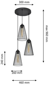 Lampadario a sospensione con filo TORRI 3xE27/15W/230V nero