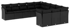 Set divani da giardino 11 pz con cuscini in polyrattan nero