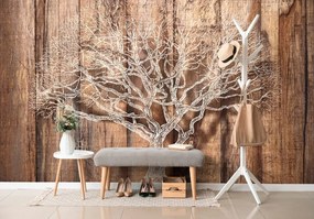 Carta da parati – Albero su Sfondo di Legno