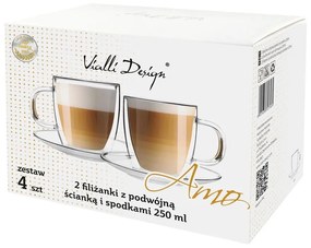Set di 2 tazze in vetro a doppia parete con piattino , 250 ml Amo - Vialli Design
