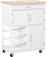 Easycomfort Carrello Portavivande, Carrellino per Cucina in Legno Bianco con Portabottiglie 1 Cassetto e 3 Antine, 67x37x87cm