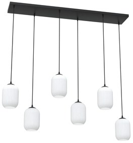 Lampadario 6 Luci Selene In Acciaio Nero E Vetri Plissettati Bianchi