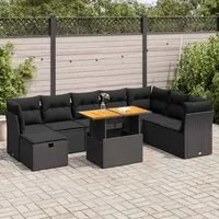 Set Divani da Giardino 9 pz con Cuscini Nero Polyrattan Acacia 3327986