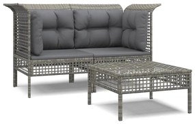 Set Divani da Giardino 3 pz con Cuscini in Polyrattan Grigio