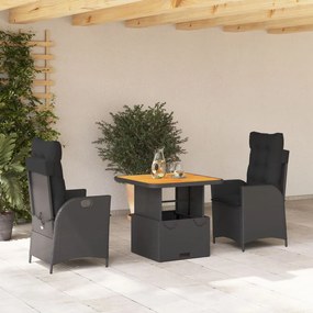 Set da pranzo da giardino 3 pz con cuscini nero in polyrattan