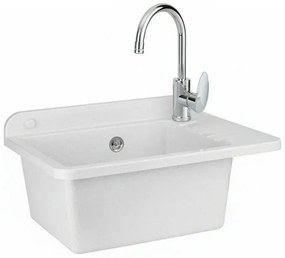 Lavatoio in resina 50x35 bianco con miscelatore a canna alta inox e scarico incluso