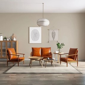 Set divani 3 pz in vera pelle e legno massello acacia marrone