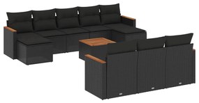 Set divani da giardino 11 pz con cuscini in polyrattan nero