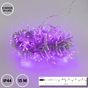 Catenaria Natalizia LED 8 GIOCHI DI LUCE 15m CAVO TRASPARENTE IP44 Luce VIOLA Colore Viola 550 - 570 °K