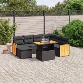 Set divani da giardino con cuscini 8 pz nero in polyrattan