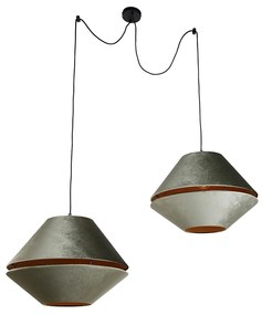 Lampada a sospensione nera con doppio paralume in velluto verde con interno dorato 2 luci - Cava Luxe