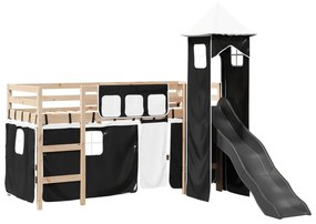 Letto a soppalco con torre bambini bianco e nero 80x200cm pino