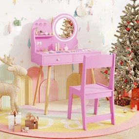 Costway Set da trucco per bambini con specchio illuminato, Set da tavolo e sedia da principessa con ripiano aperto 2 Colori
