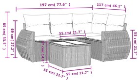 Set divano da giardino 5 pz con cuscini grigio in polyrattan