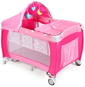 Costway Culla per bimbo pieghevole con zanzariera 124x65x121cm, Lettino bimbo a due livelli regolabile Rosa