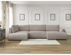 Divano angolare in grigio chiaro/beige allungabile (con penisola a destra/a forma di "U") con rivestimento in velluto a coste Lucien – Bobochic Paris