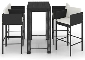 Set bar da giardino 5 pz con cuscini polyrattan nero