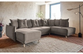Divano letto angolare in velluto a coste marrone chiaro (angolo destro a forma di U) Lazy Lukka - Miuform
