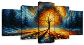 Quadri 5 pezzi – Albero della vita luminoso nei toni infuocati