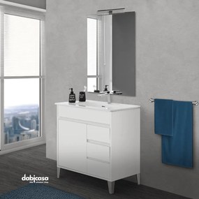 Mobile Bagno A Terra "Mondo 2.0" Da 80 Cm Composto Da Un'Anta E Tre Cassetti Lavabo E Specchio Finitura Bianco Opaco/Bianco Laccato