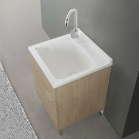 Mobile lavatoio 50x50 cm rovere con vasca in resina e asse lavapanni