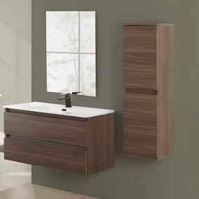 Mobile Bagno Sospeso 100 Cm Due Cassetti Specchio a Filo 80x60 Cm Feridras "Revital" Noce Canaletto