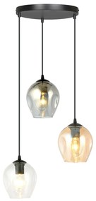 Lampadario 3 Luci Fuxi Base Tonda Acciaio Nero E Vetri Ambra Trasparente E Fumè