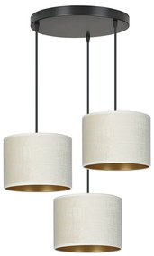 Lampadario Tondo 3 Luci Ganesha In Acciaio Nero E Paralumi In Tessuto Beige