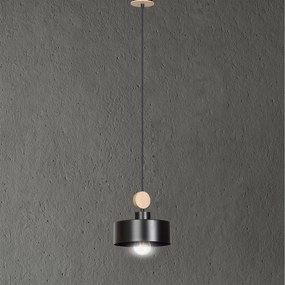Sospensione 1 Luce Zhurong In Acciaio Nero E Legno Naturale