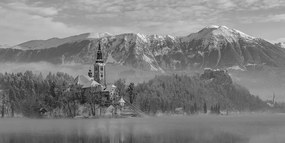 Stampa su tela – Chiesa sul lago Bled in Slovenia in bianco e nero