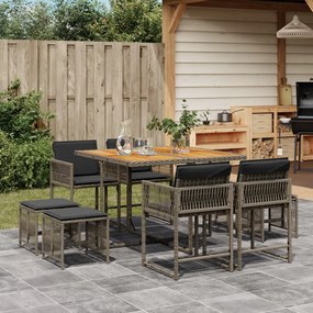 Set da pranzo da giardino 9 pz con cuscini in polyrattan grigio