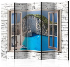 Paravento design Paradiso azzurro II - finestra su texture di pietra con mare